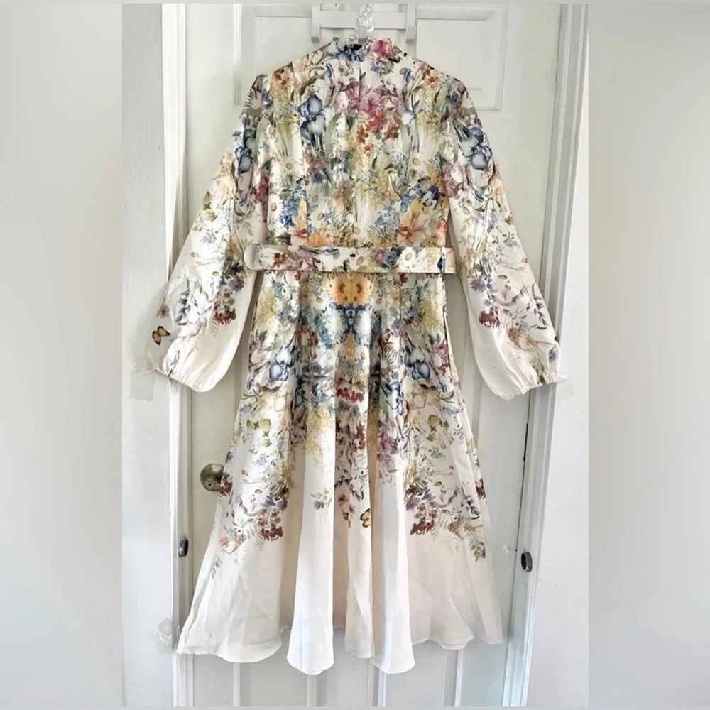 NEW Commense Belted Balloon Long Sleeve Floral Butterfly Dress Midi, XS - Picture 6 of 16